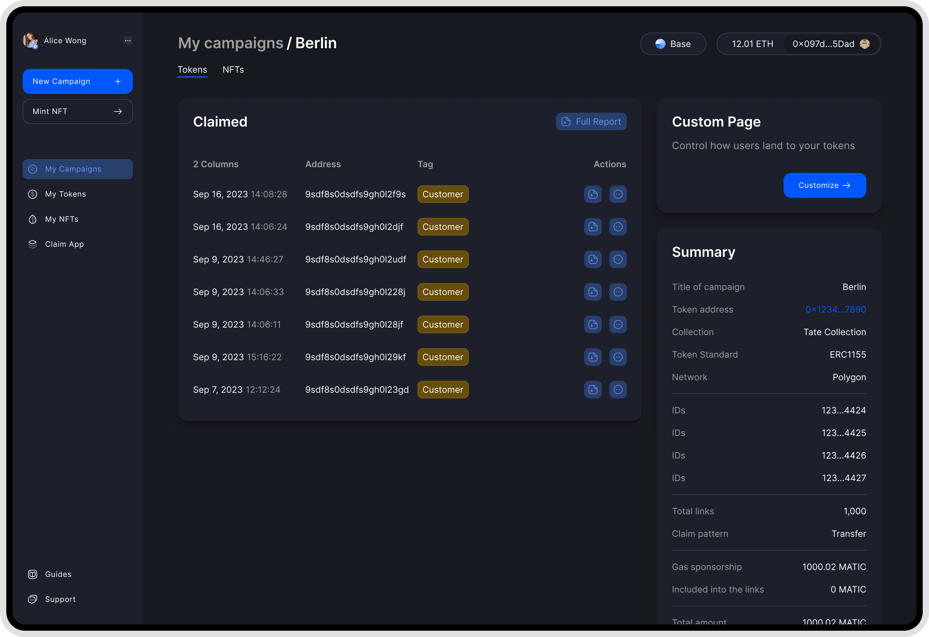 Linkdrop dashboard campaign details